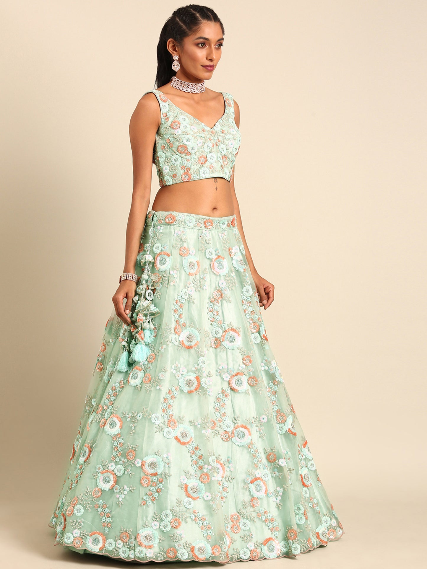 Sea Green Net Sequins and Zarkan embroidery Lehenga