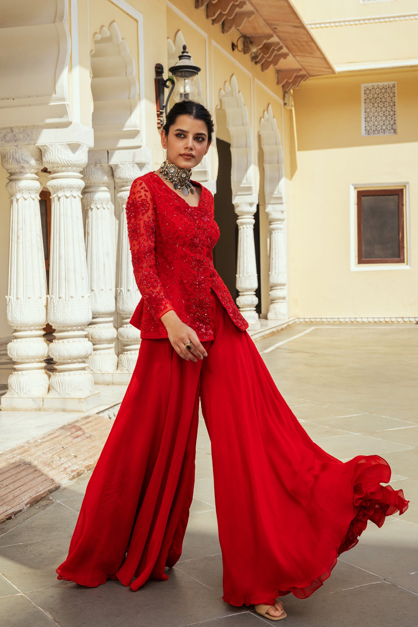 Nimra Red Net Zardosi Embroidered Ajooba Sharara Set