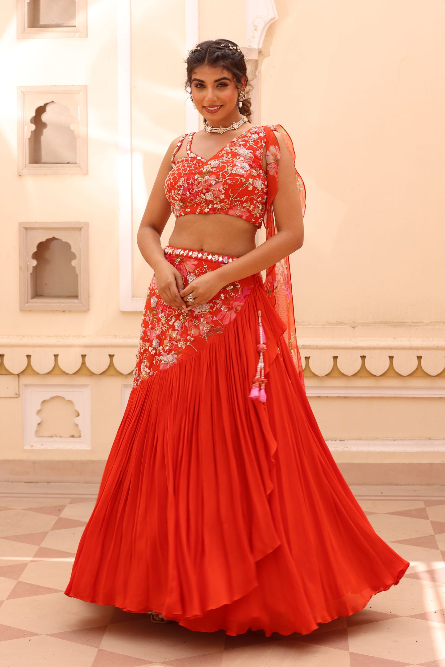 sahiba Orange Chiffon Zardosi Sangeet lehenga