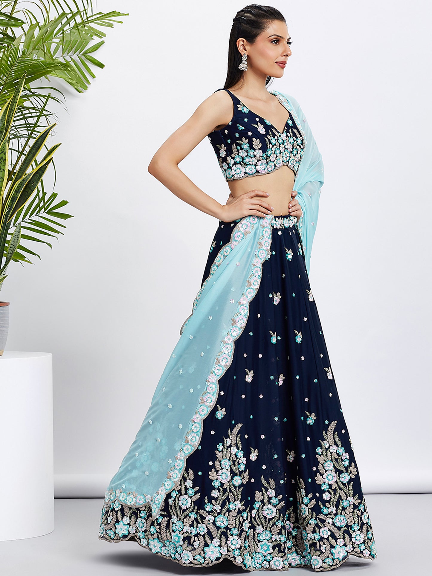 Navy blue Pure Grorgette Sequins and thread embroidery Lehenga choli