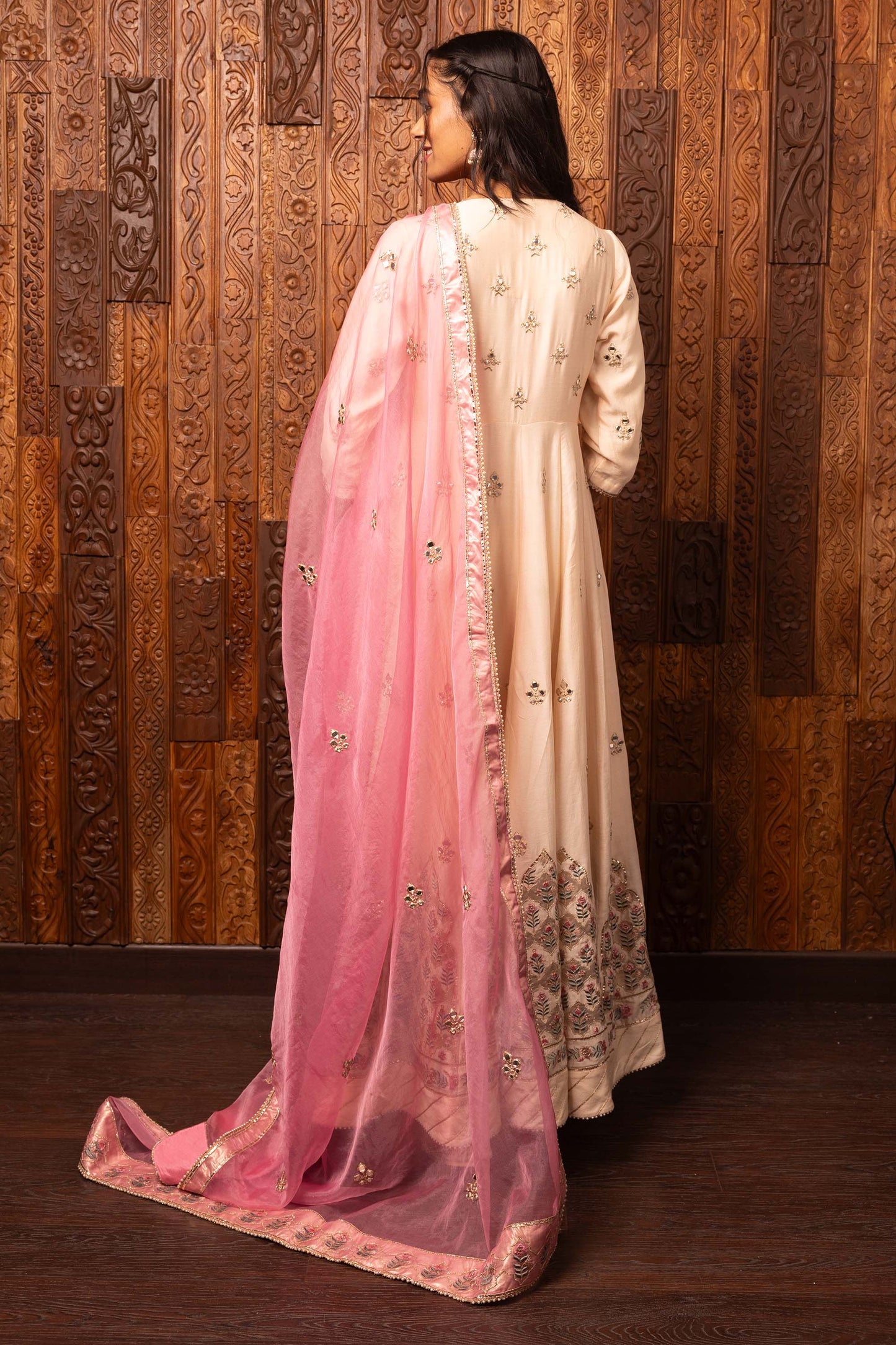 Tales of grace Beige Chanderi silk Embroidered Festive Anarkali