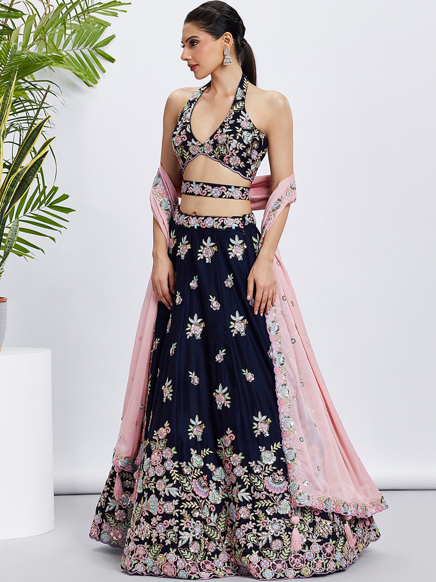 Navy blue Pure Georgette Sequins and thread embroidery Lehenga choli