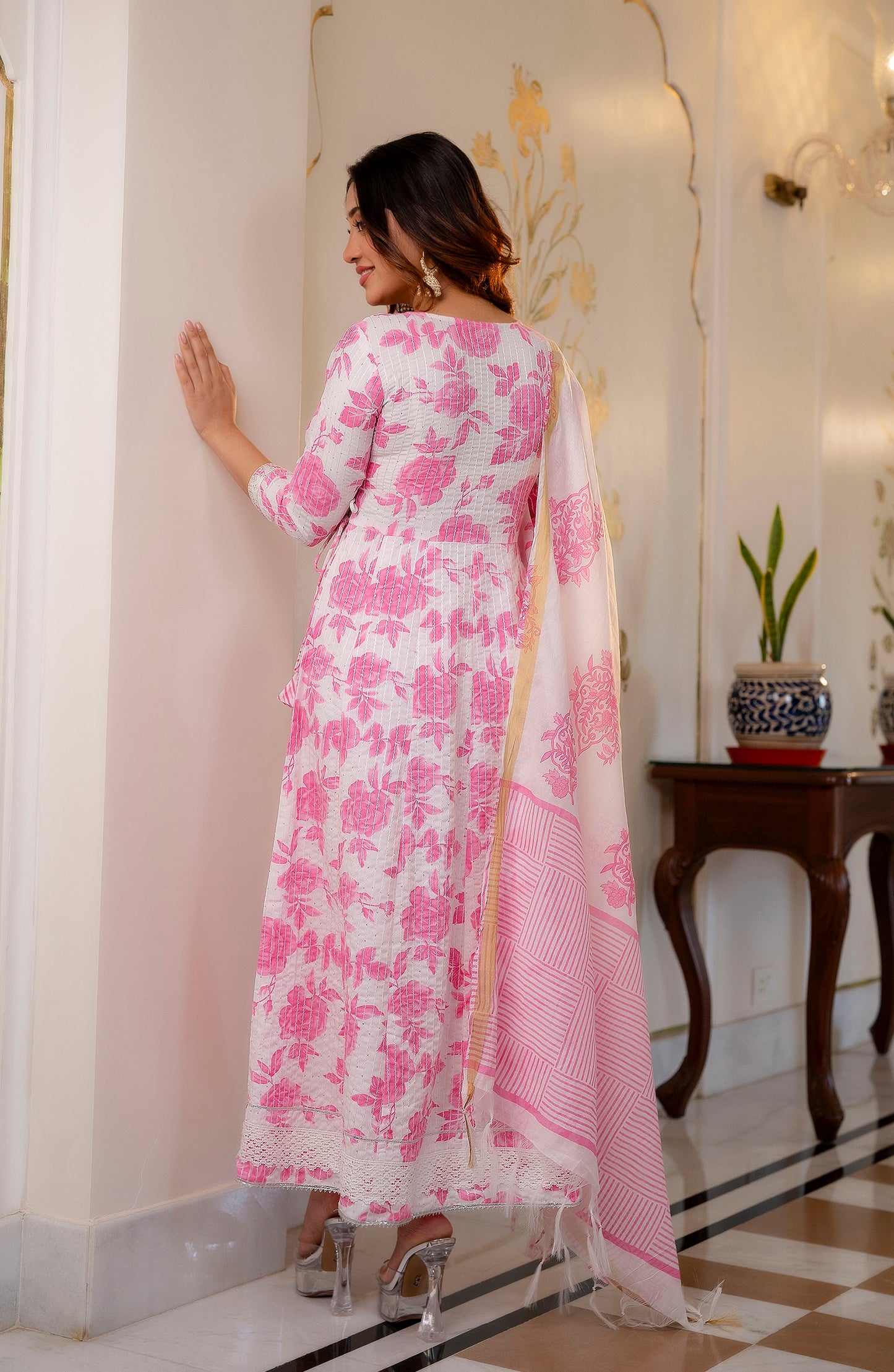 Rosy Women Pink And White Printed Viscose Rayon Kurta, Pant And Dupatta Set