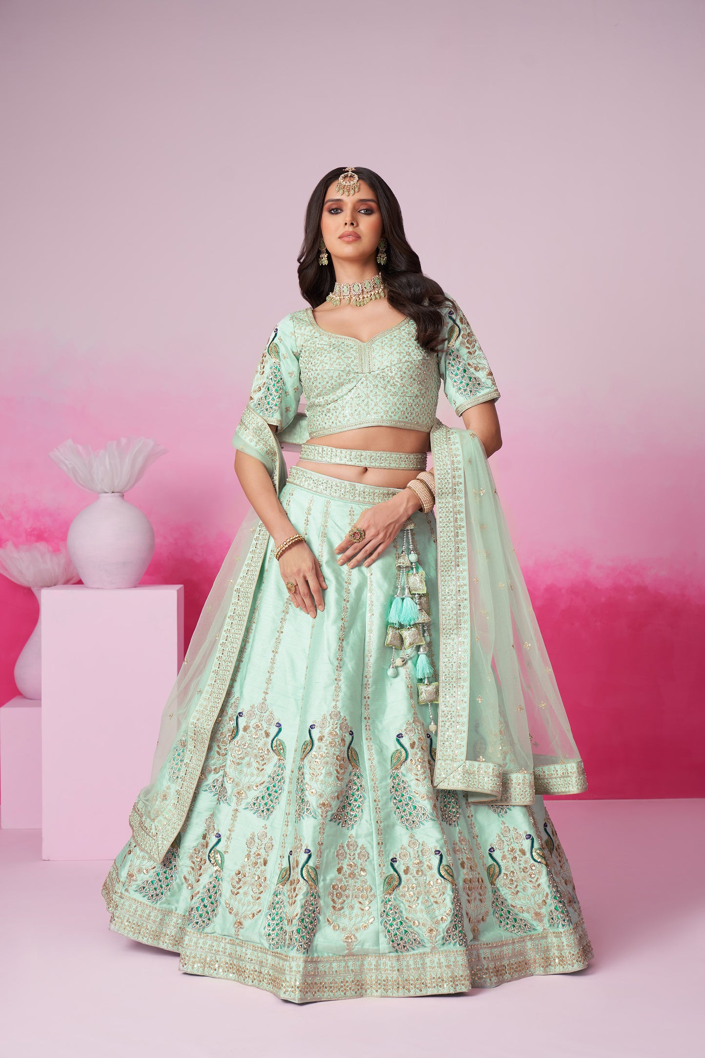 Sea Green Pure silk Sequins embroidery Bridal Lehenga choli