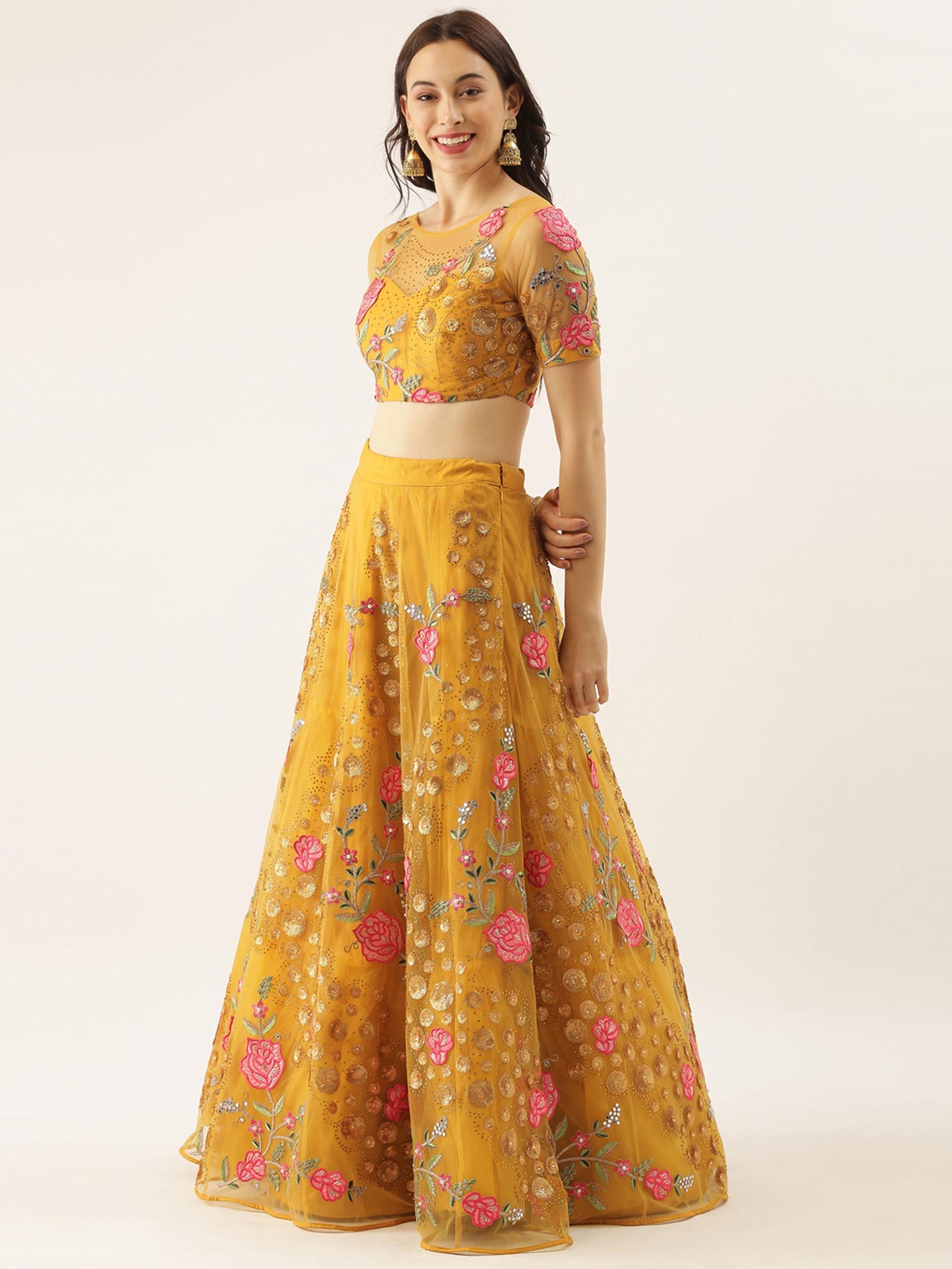 Mustard Net Semi stitched Coding, Sequins & Saroski Stone Work Lehenga Choli