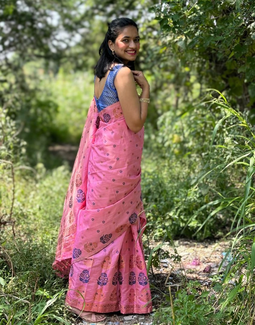 Devi Aishani Pink Handloom Mekhela Chador saree