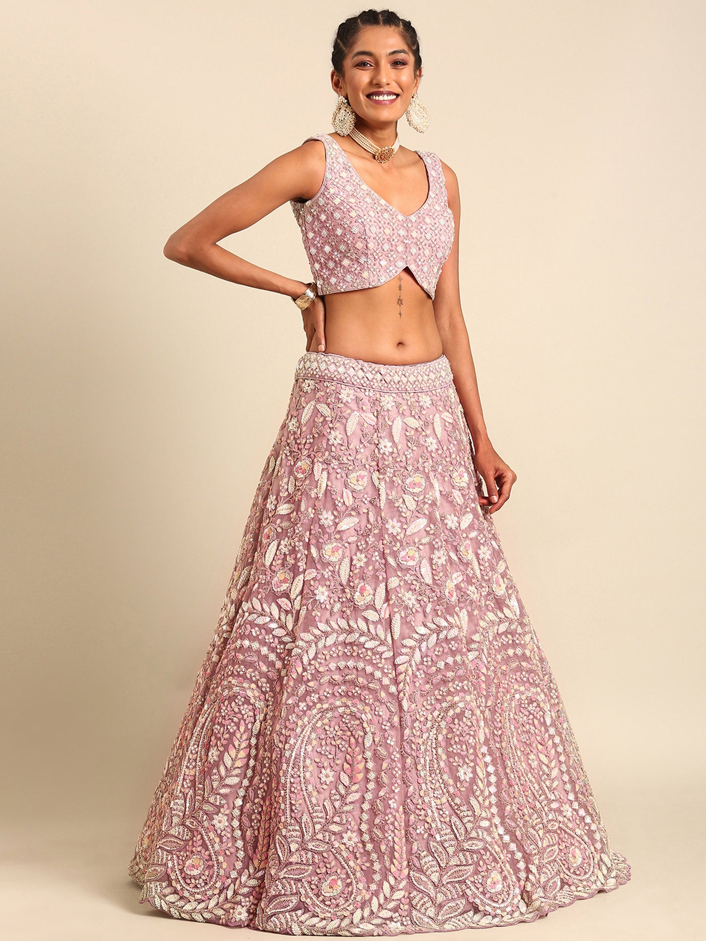 Mauve Net Multi Sequins Embroidery Bridesmaid Lehenga