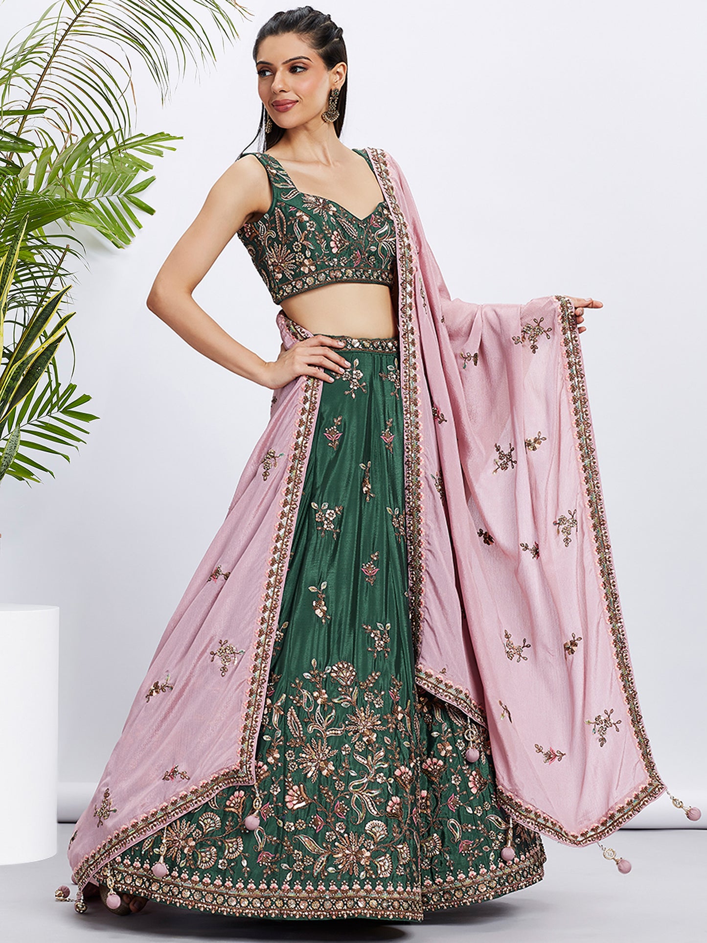 Green Pure Chiffon Sequins and thread embroidery Lehenga choli & Dupatta