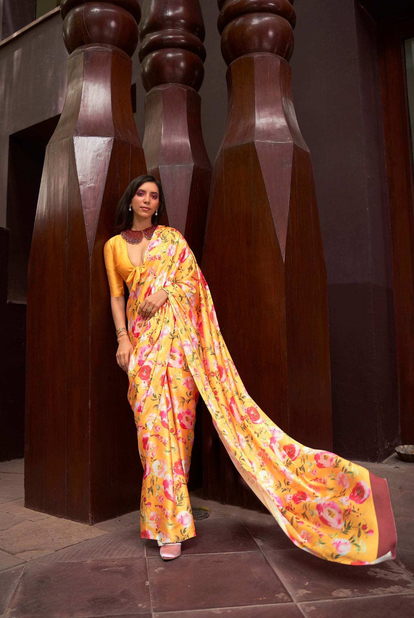 Yellow Floral Print Kudos Digital Printed Satin Saree