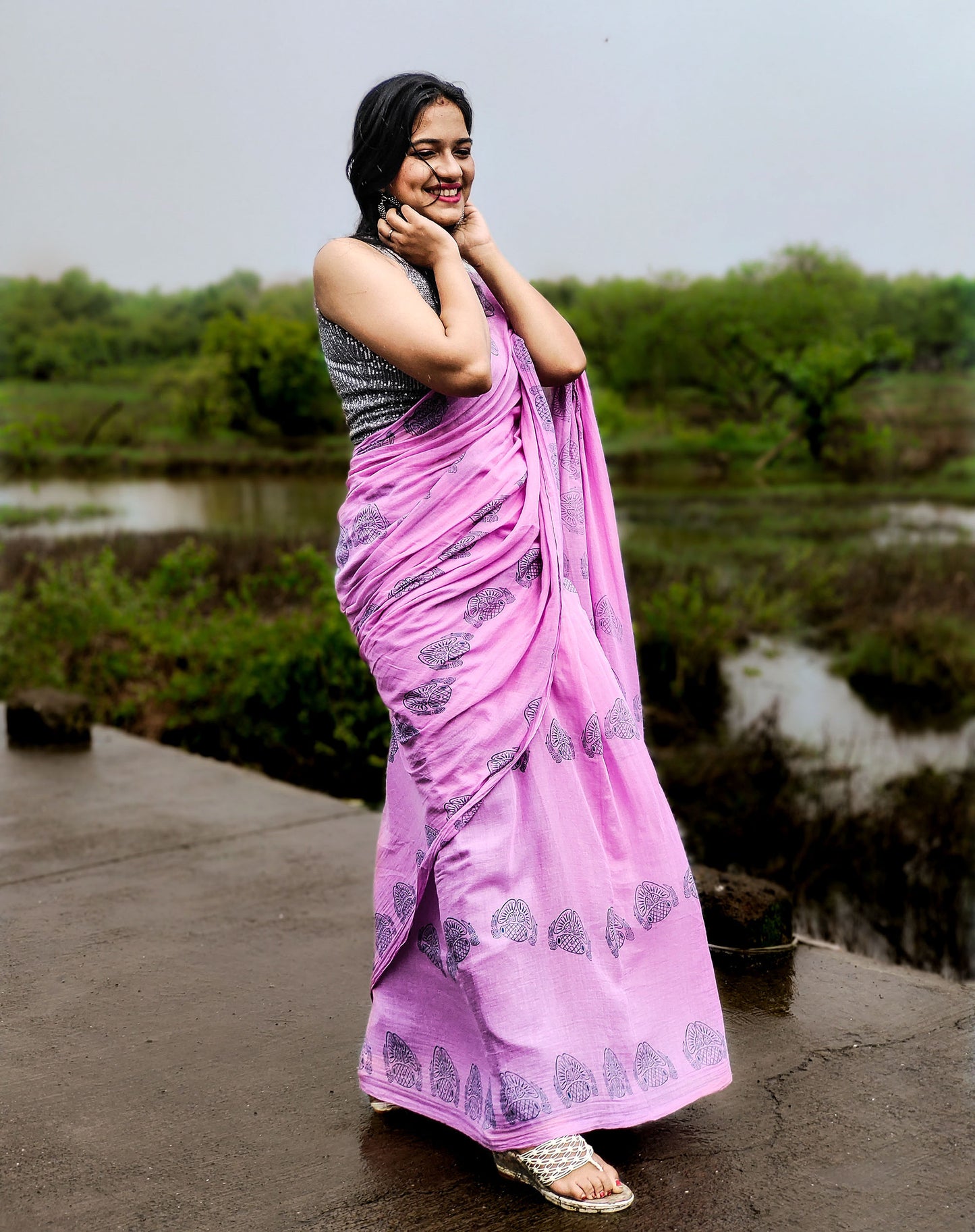 Lilac mul cotton saree with block printed ethnic motif