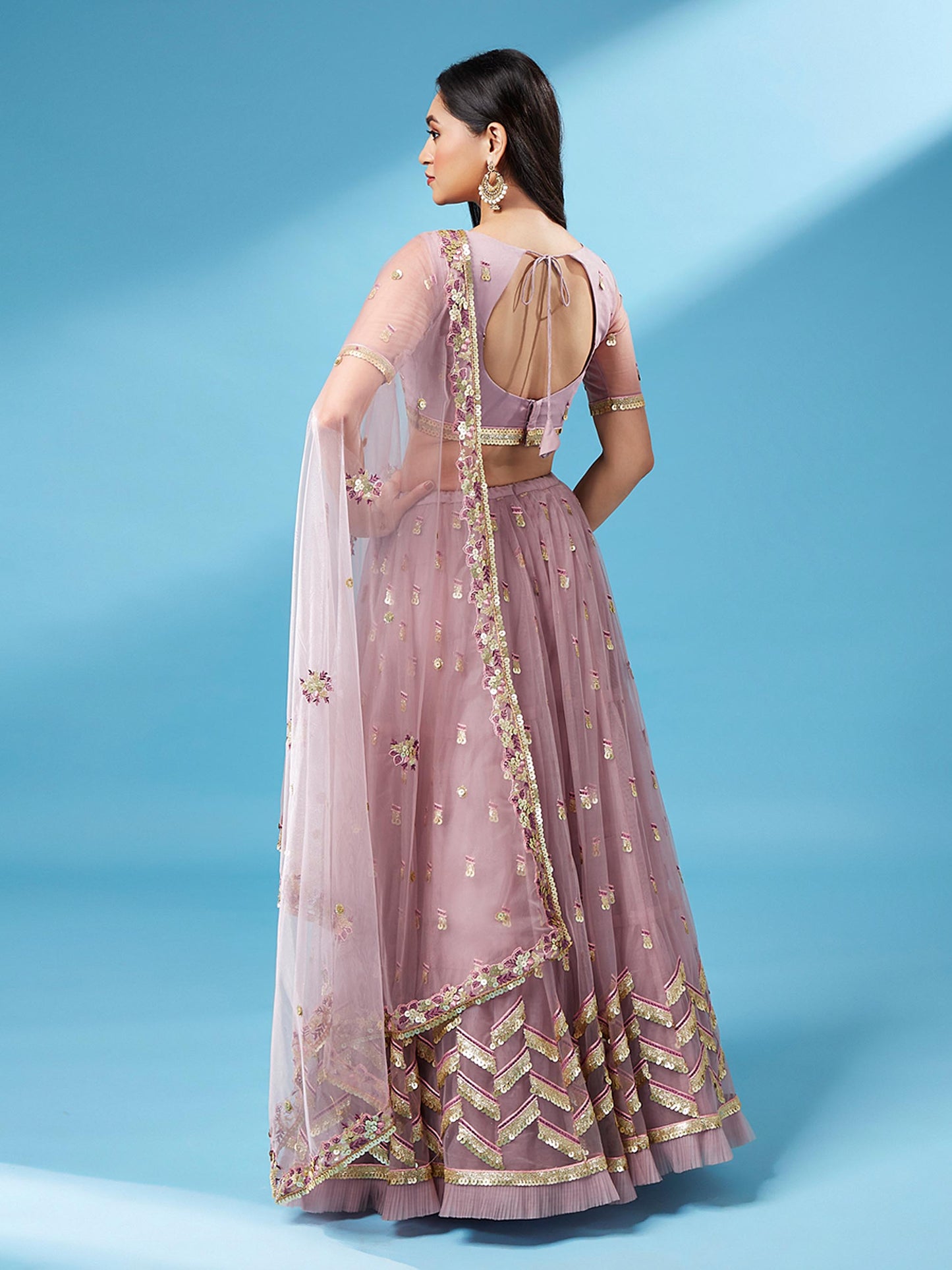 Rose Gold Net Semi Stitched Thread and Sequins work Lehenga Choli