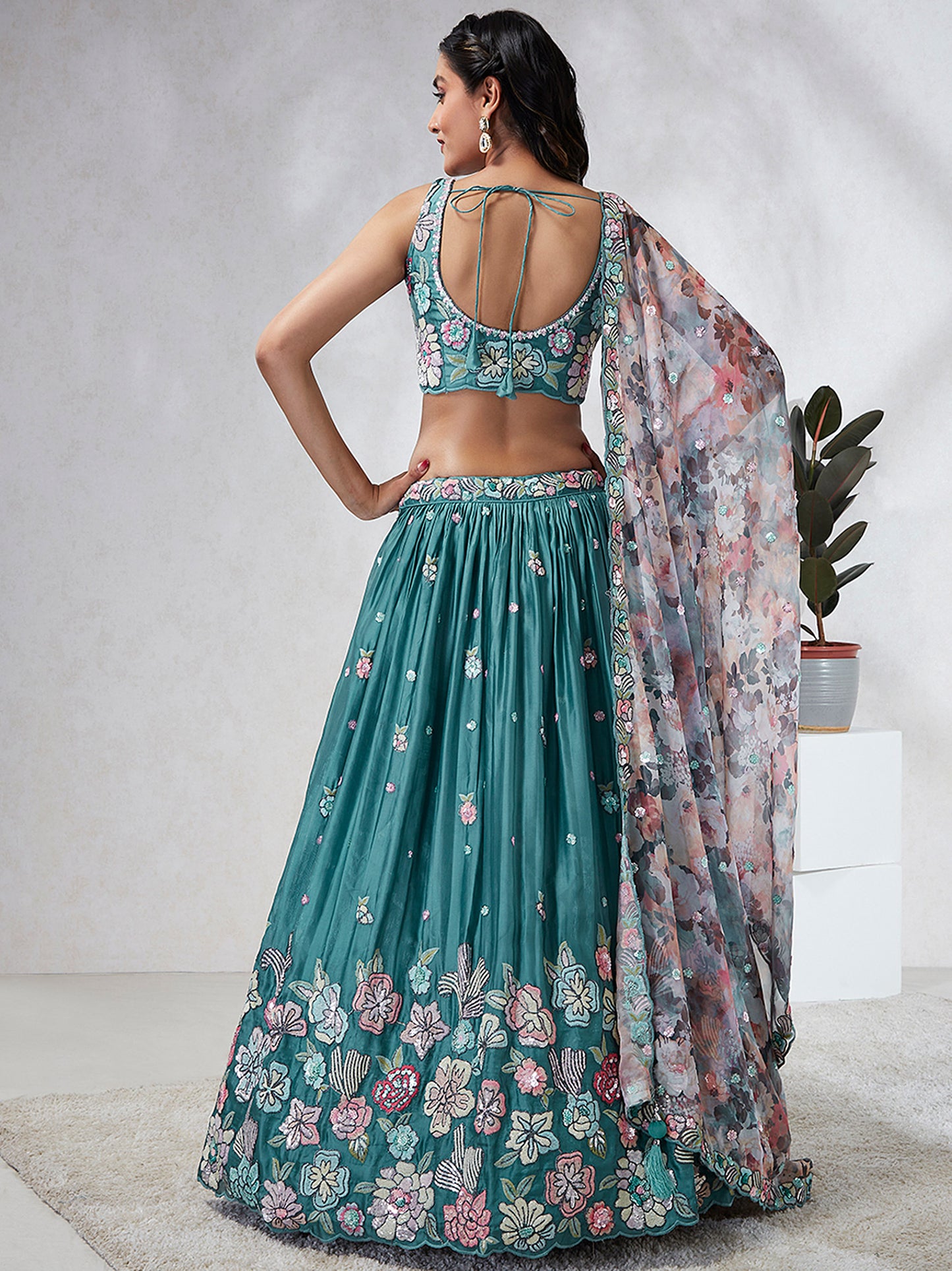 Turquoise blue Georgette Sequins and thread embroidery Lehenga