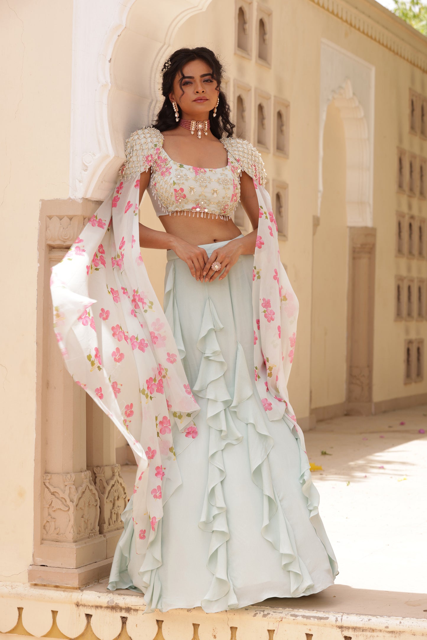 kiah Fish cut and ruffle Green lehenga