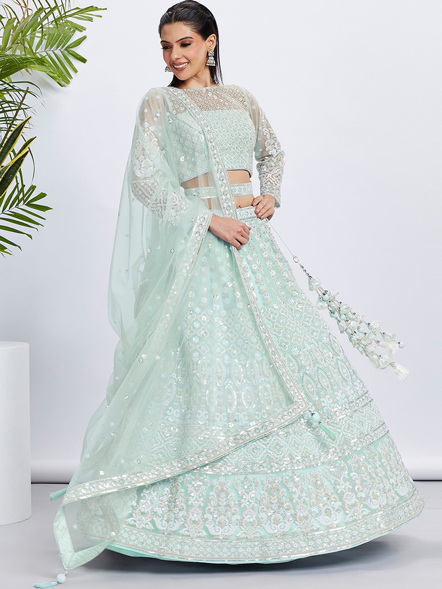 Turquoise blue Net Sequins and thread embroidery Lehenga choli