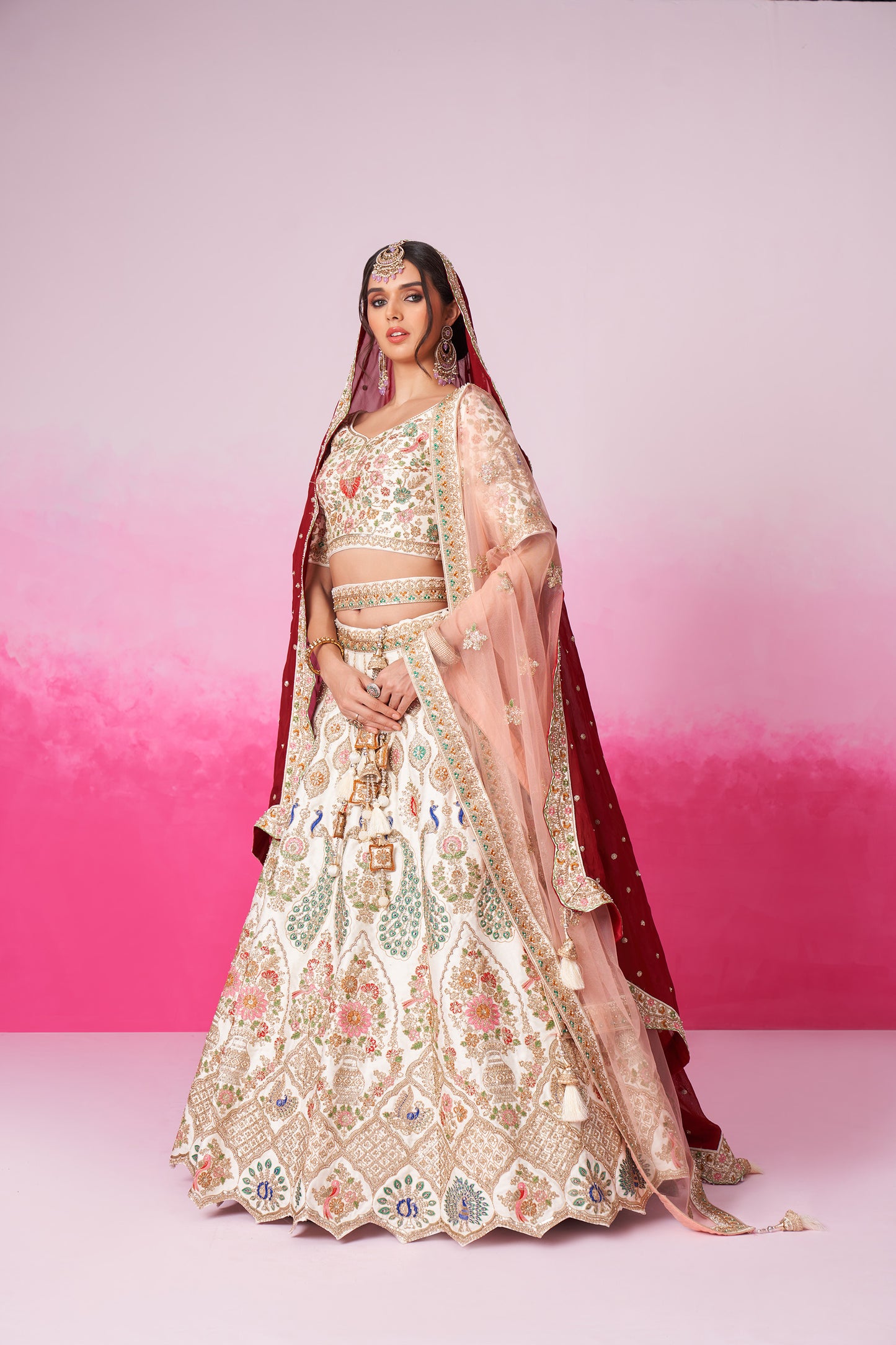 Cream Pure silk Moti, Sequins embroidery Bridal Lehenga choli