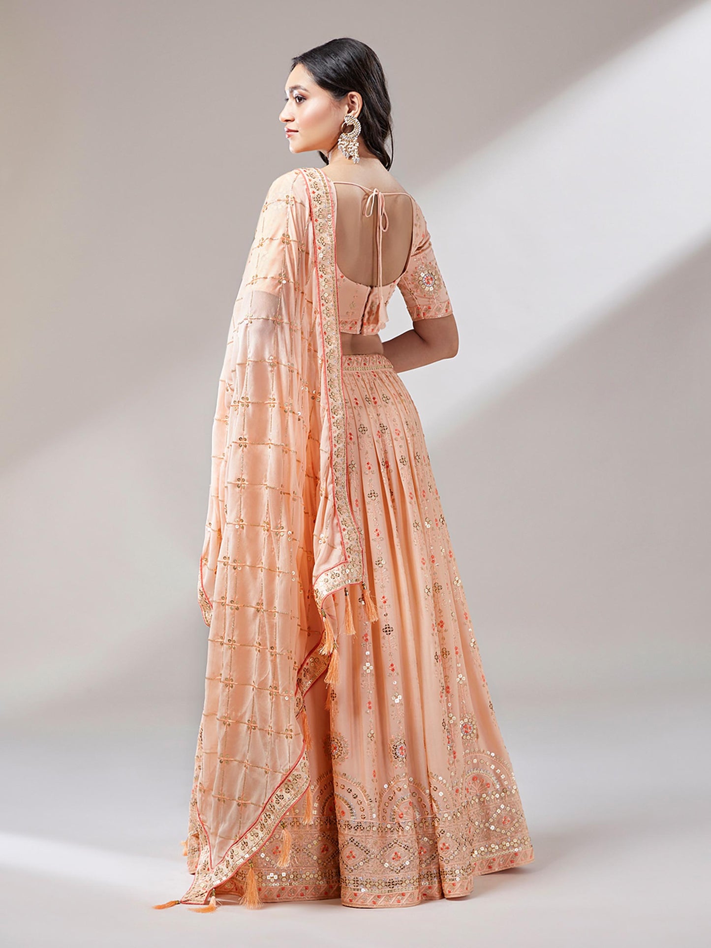 Women Peach Pure Georgette Embroidered Semi-Stitched Lehenga & Unstitched Blouse Dupatta