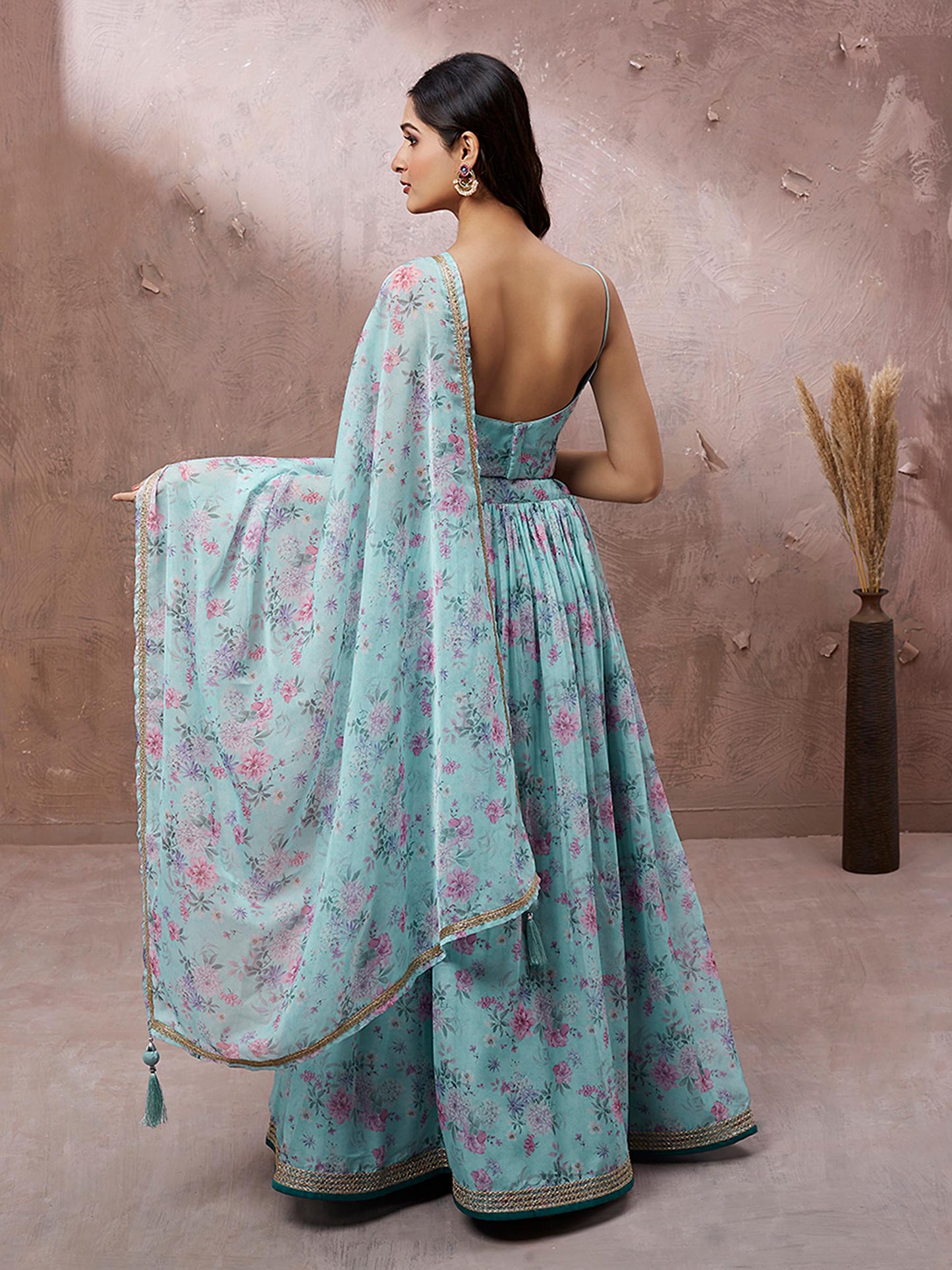 Turquoise Blue Organza Floral Printed Lehenga choli & Dupatta