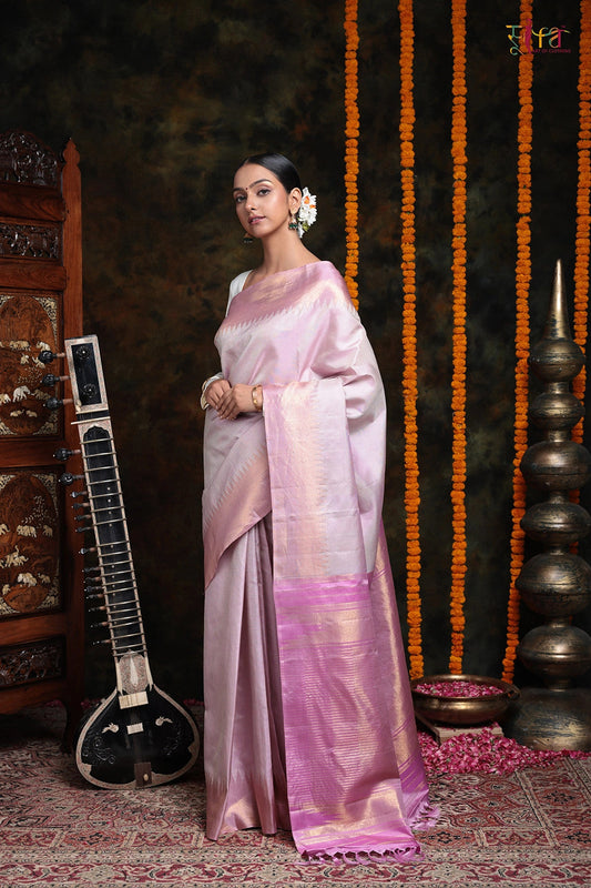 Lavender Handloom Stripes Saree With Zari Temple Border