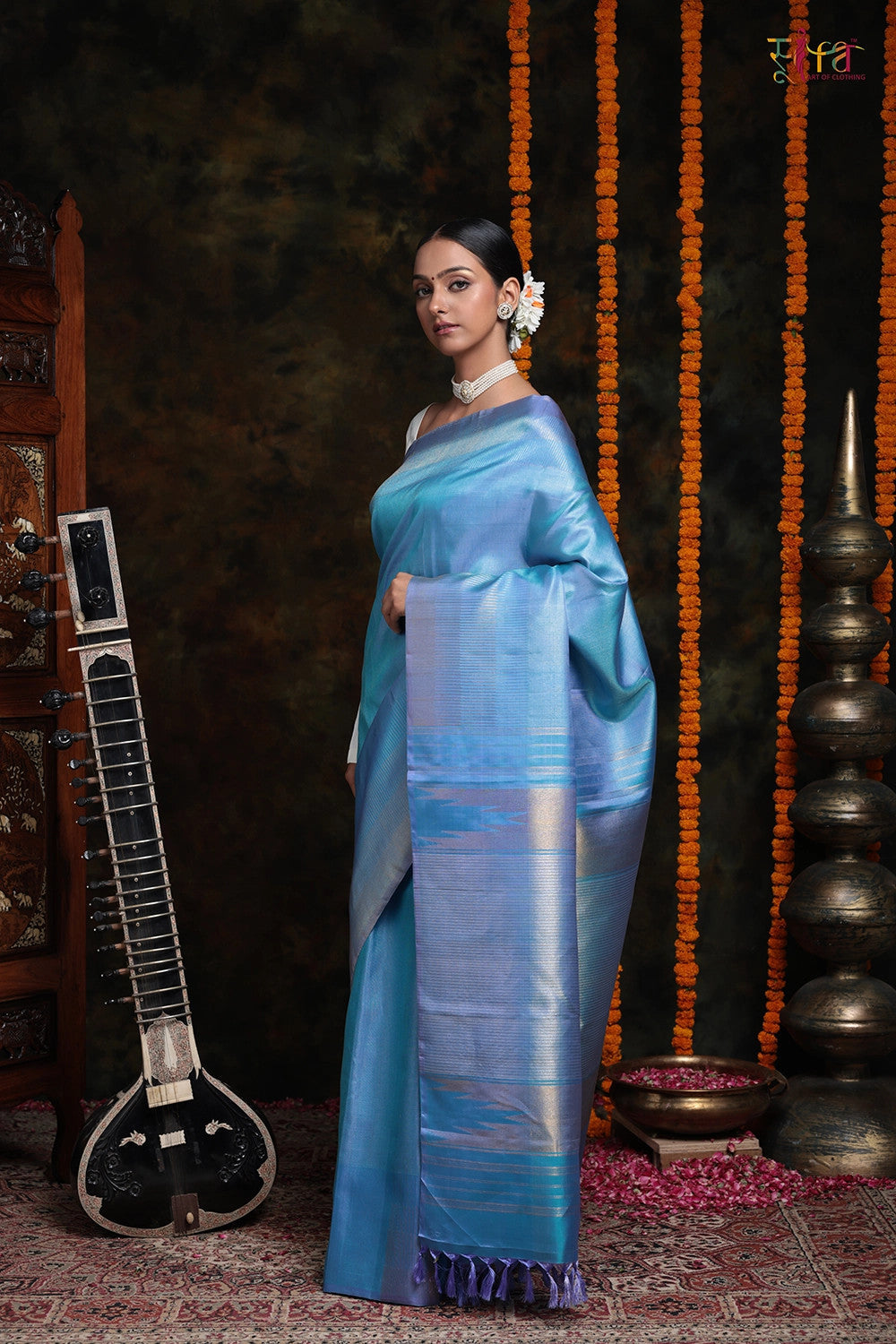 Handloom Blue Duo-Tone Pure Silk Saree With Silver Zari Stripes