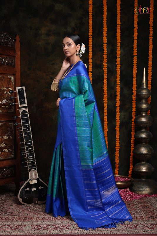 Handloom Duo Tone Green Pure Silk Kanjeevaram With Zari Check Body And Blue Border