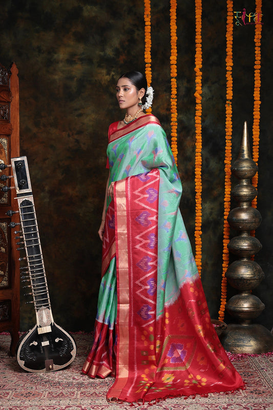Handloom Sea Green And Imperial Red Pure Mulberry Silk Pochampally Saree With Zari Border