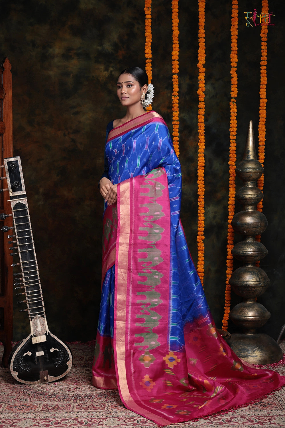 Handloom Blue And Pink Pure Mulberry Silk Pochampally Saree With Zari Border