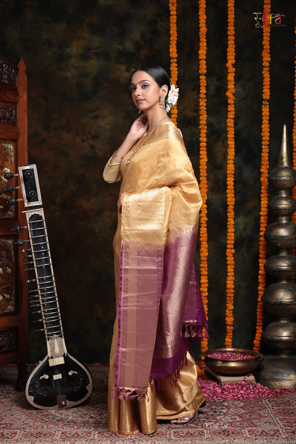 Handloom Gold Colour Pure Silk With Contrasting Violet Pallu