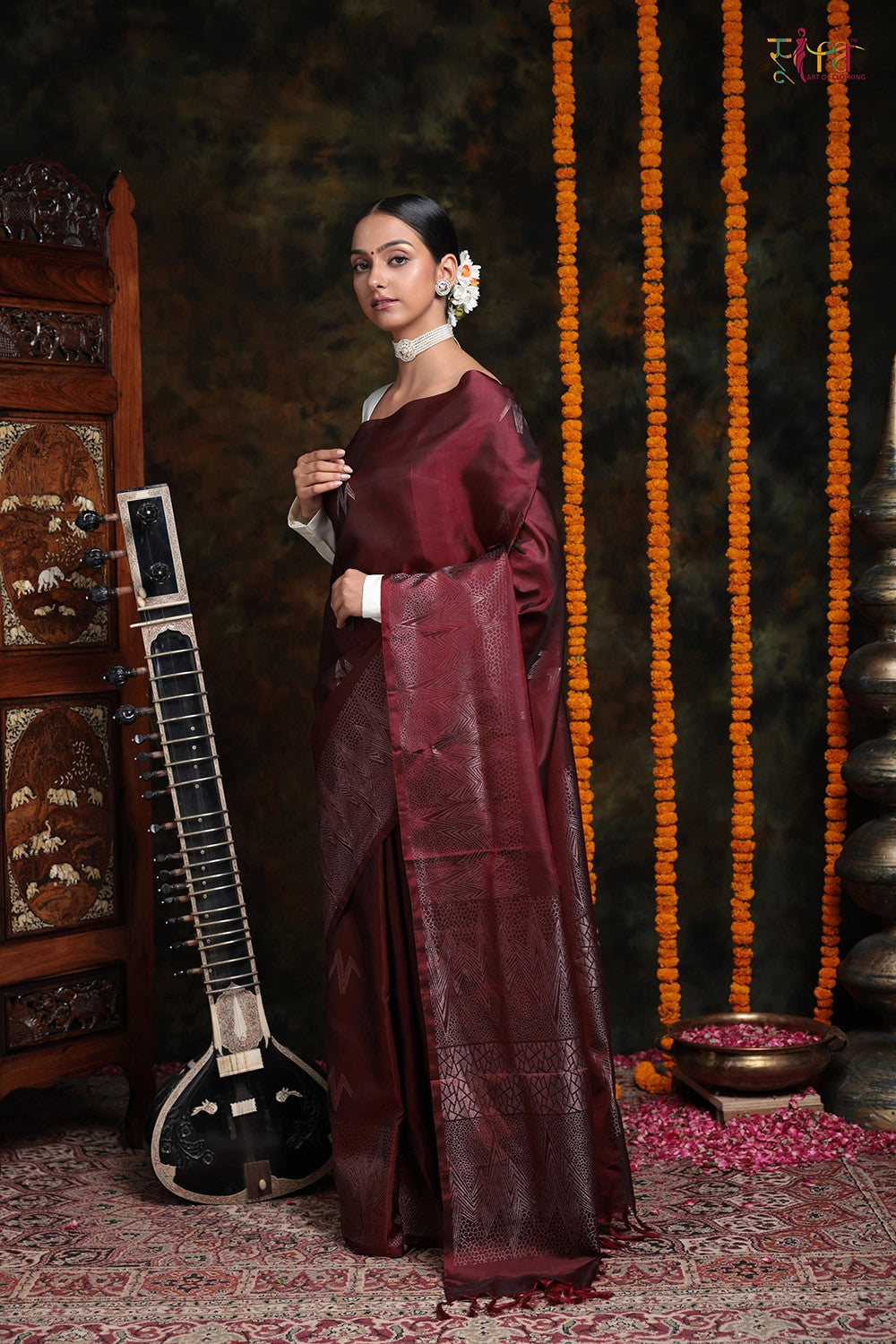 Handloom Wine Pure Silk Kanchi Contemporary With Copper Zari