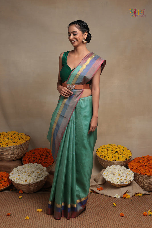 Handloom  Fern Green Pure Silk Kanchi Contemporary Saree