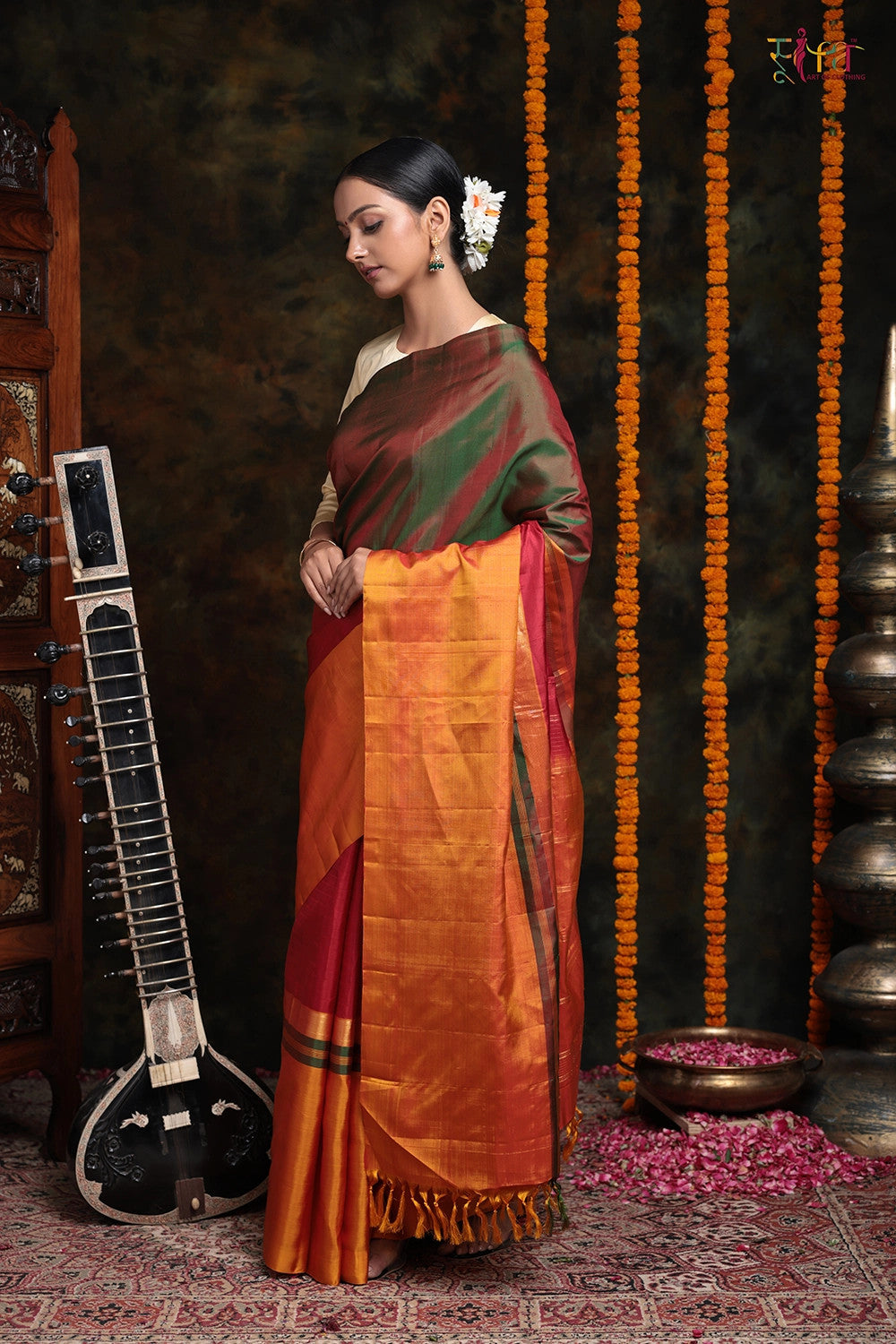 Handloom Red & Orange Pure Silk Contemporary Saree