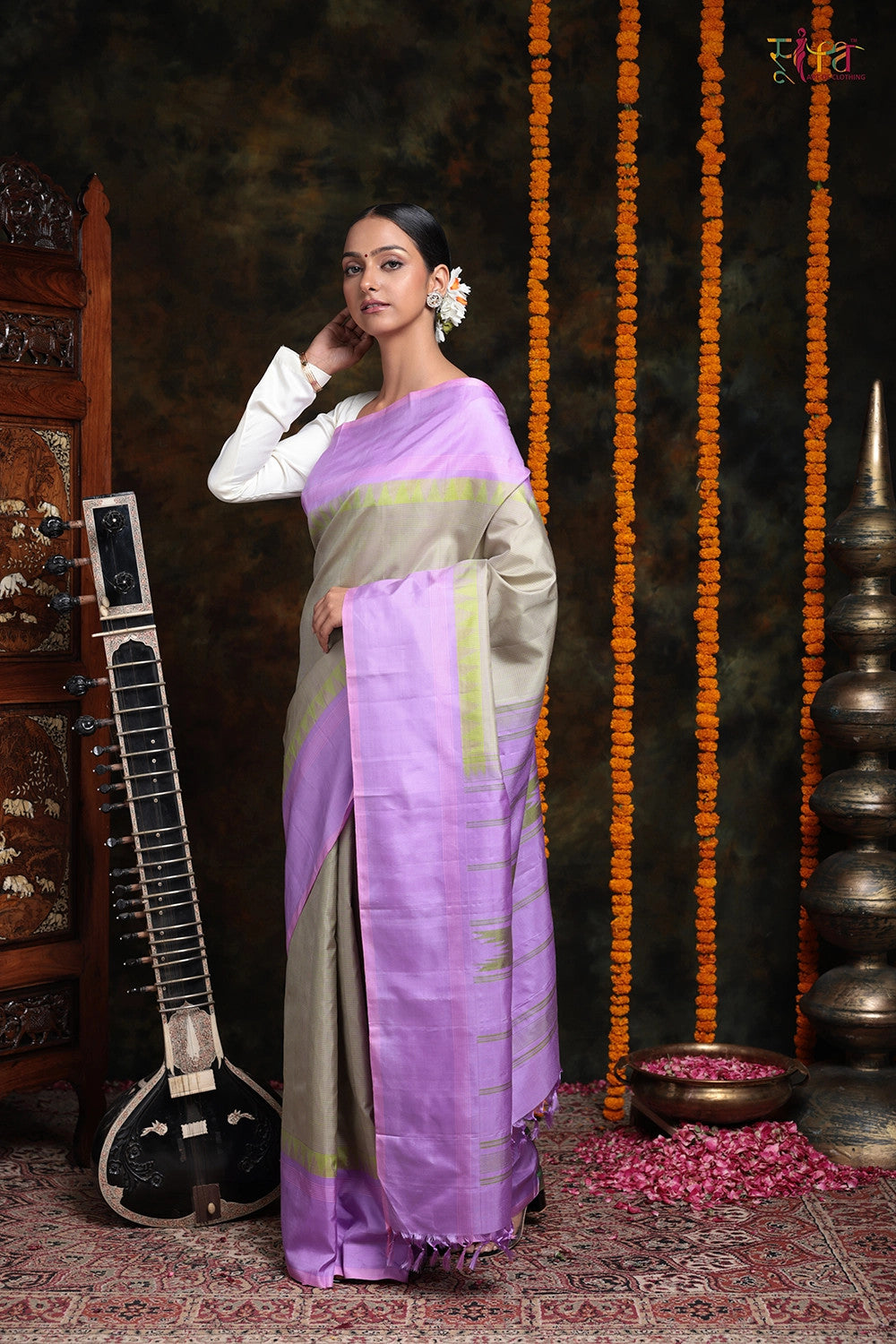 Handloom Lavender & Lime Green Check Pure Silk Saree