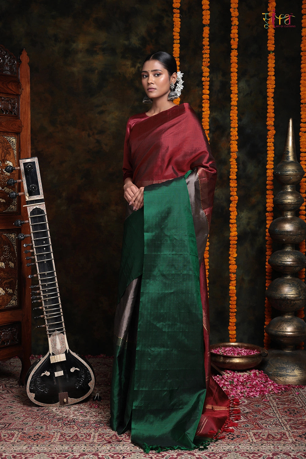 Handloom Maroon and Green Pure Silk contemporary Saree