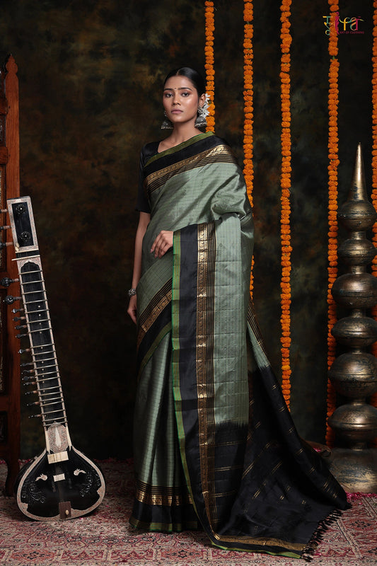 Handloom Sage Green Pure Silk Saree With Stripes