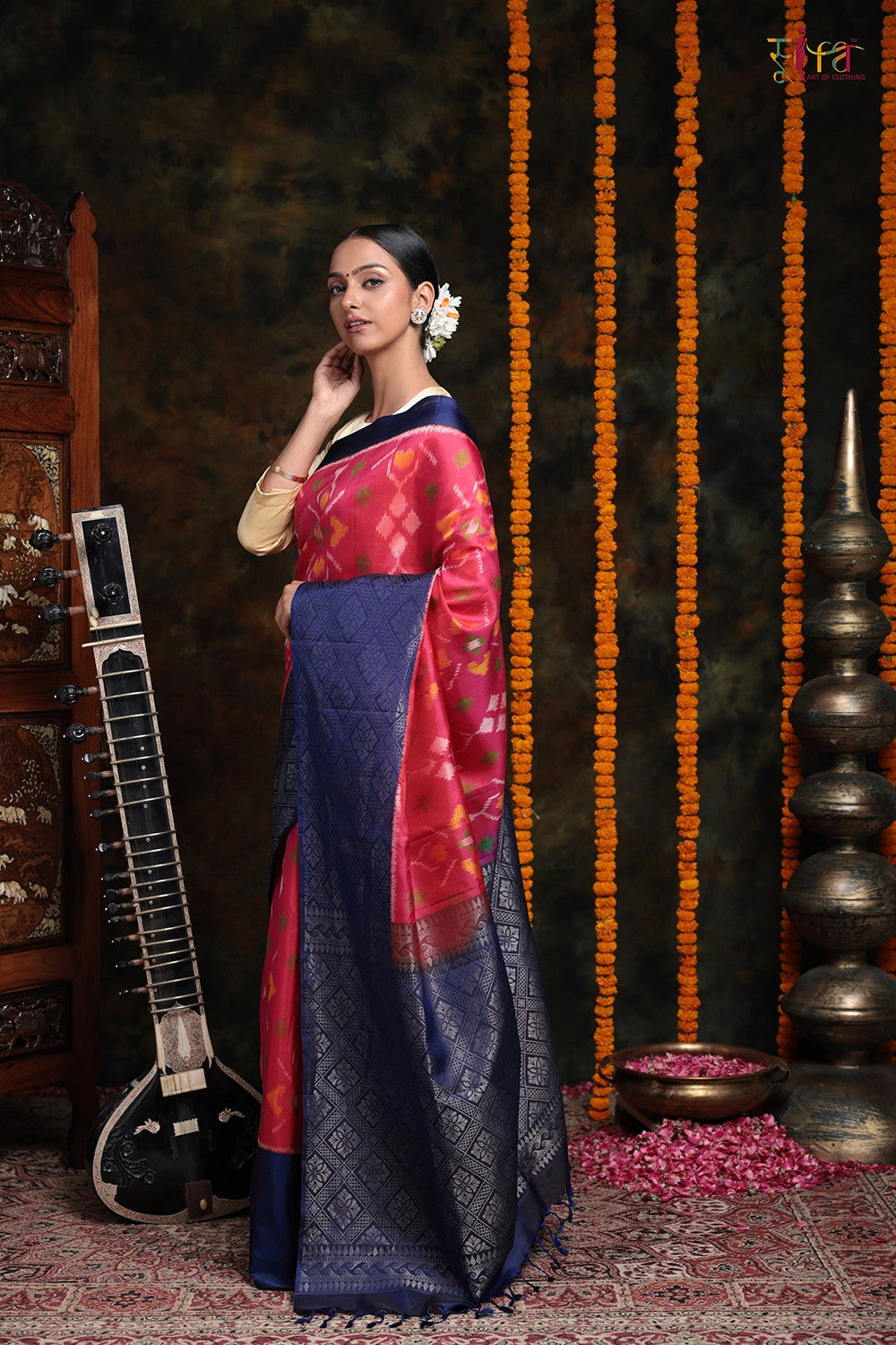 Rose Pink Pure Silk Pochampally Saree With Navy Blue Silver Zari Border