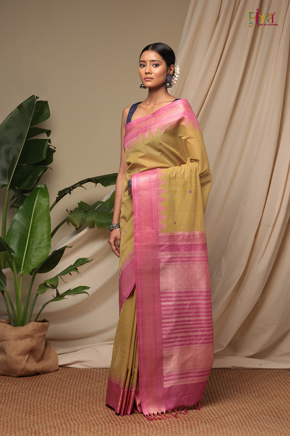 Handloom Limeade Green Pure Cotton Kanchi Saree With Pure Silk Mustard Border And Pallu