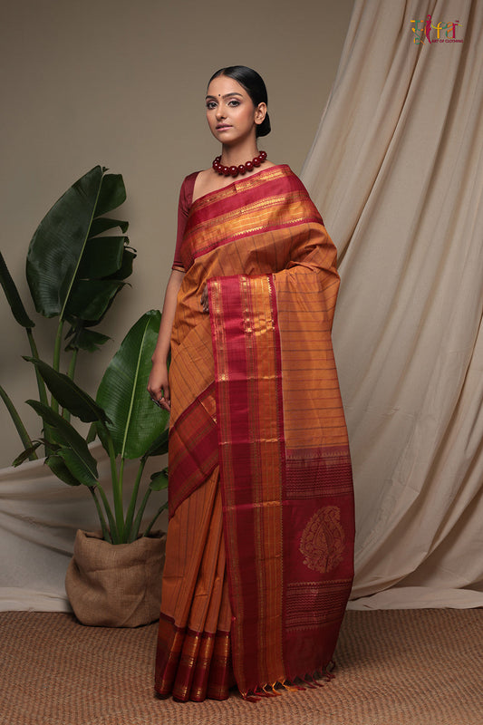 Handloom Alloy Orange Pure Cotton Kanchi Saree With Pure Silk Border And Pallu