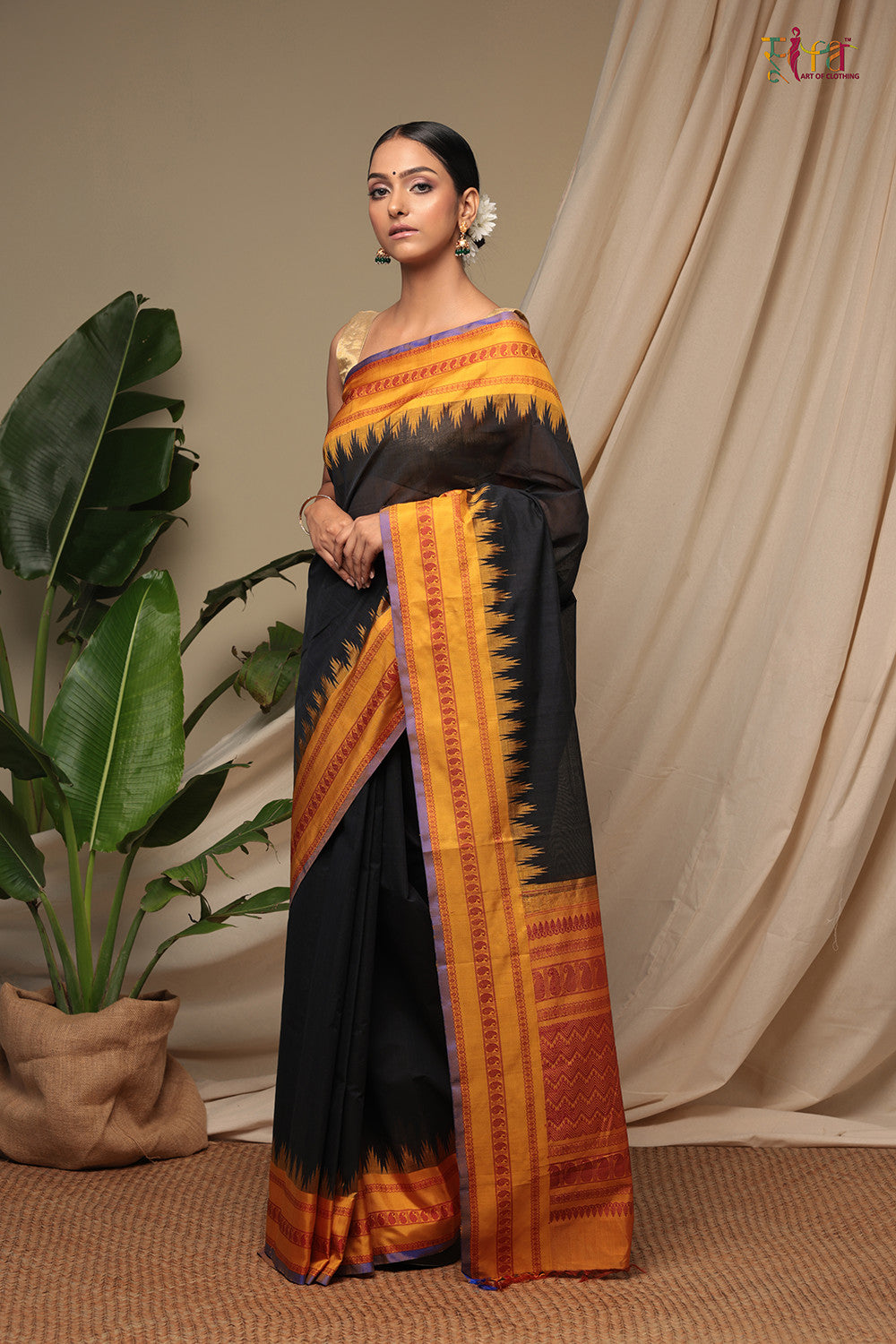 Handloom Black Pure Cotton Kanchi Saree With Pure Silk Mustard Border And Pallu