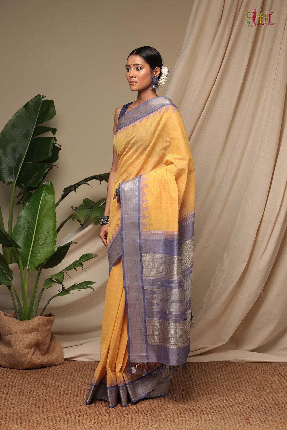 Handloom Butter Yellow Pure Cotton Kanchi Saree With Pure Silk Border And Pallu