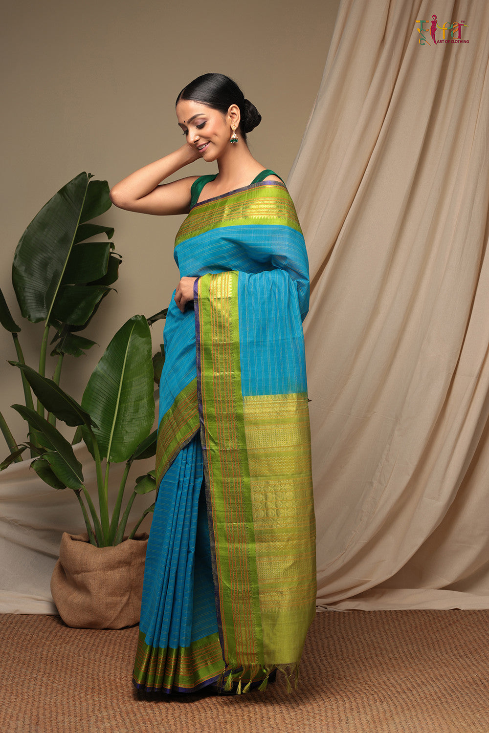 Handloom Ocean Blue Pure Cotton Kanchi Saree With Pure Silk Border And Pallu