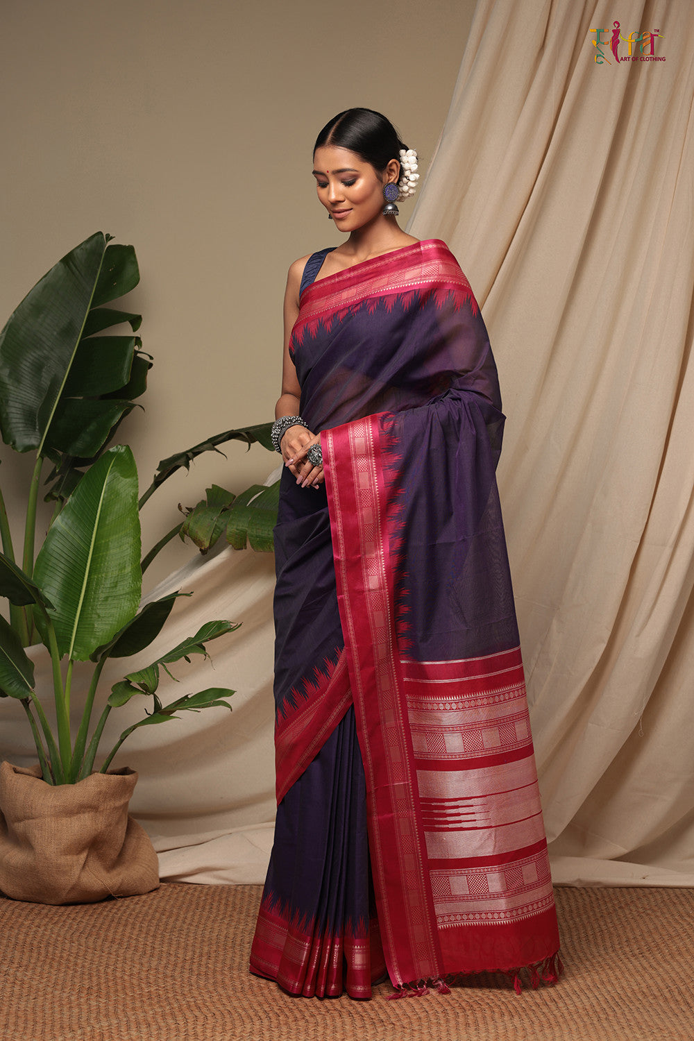 Handloom Dark Purple Pure Cotton Kanchi Saree With Pure Silk Border And Pallu