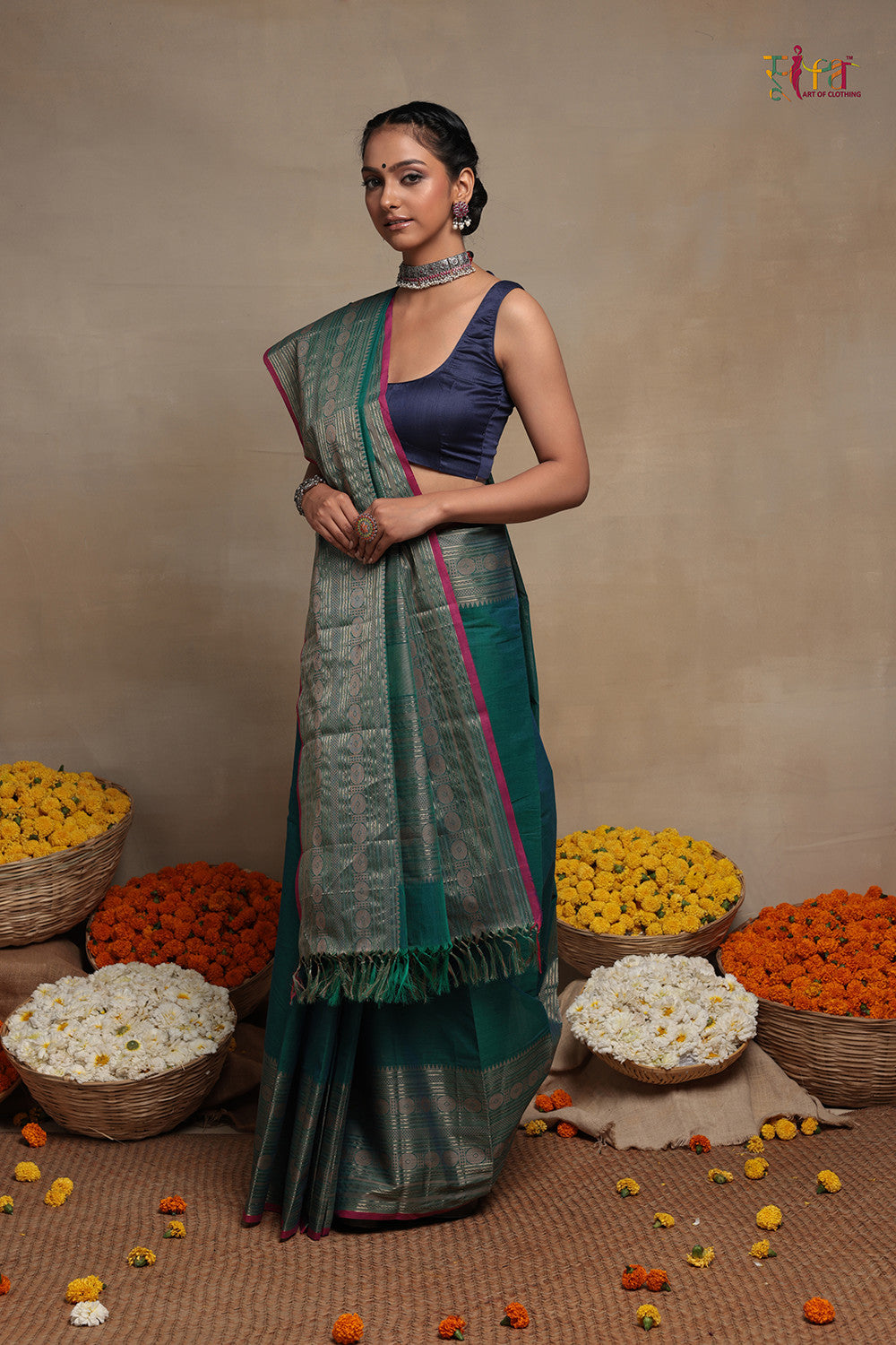 Handloom Jade Green Pure Cotton Kanchi Saree With Silver Zari Border & Pallu