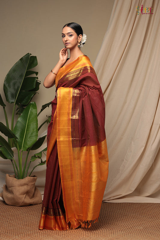 Handloom Garnet Red Pure Cotton Kanchi Saree With Pure Silk Border & Pallu