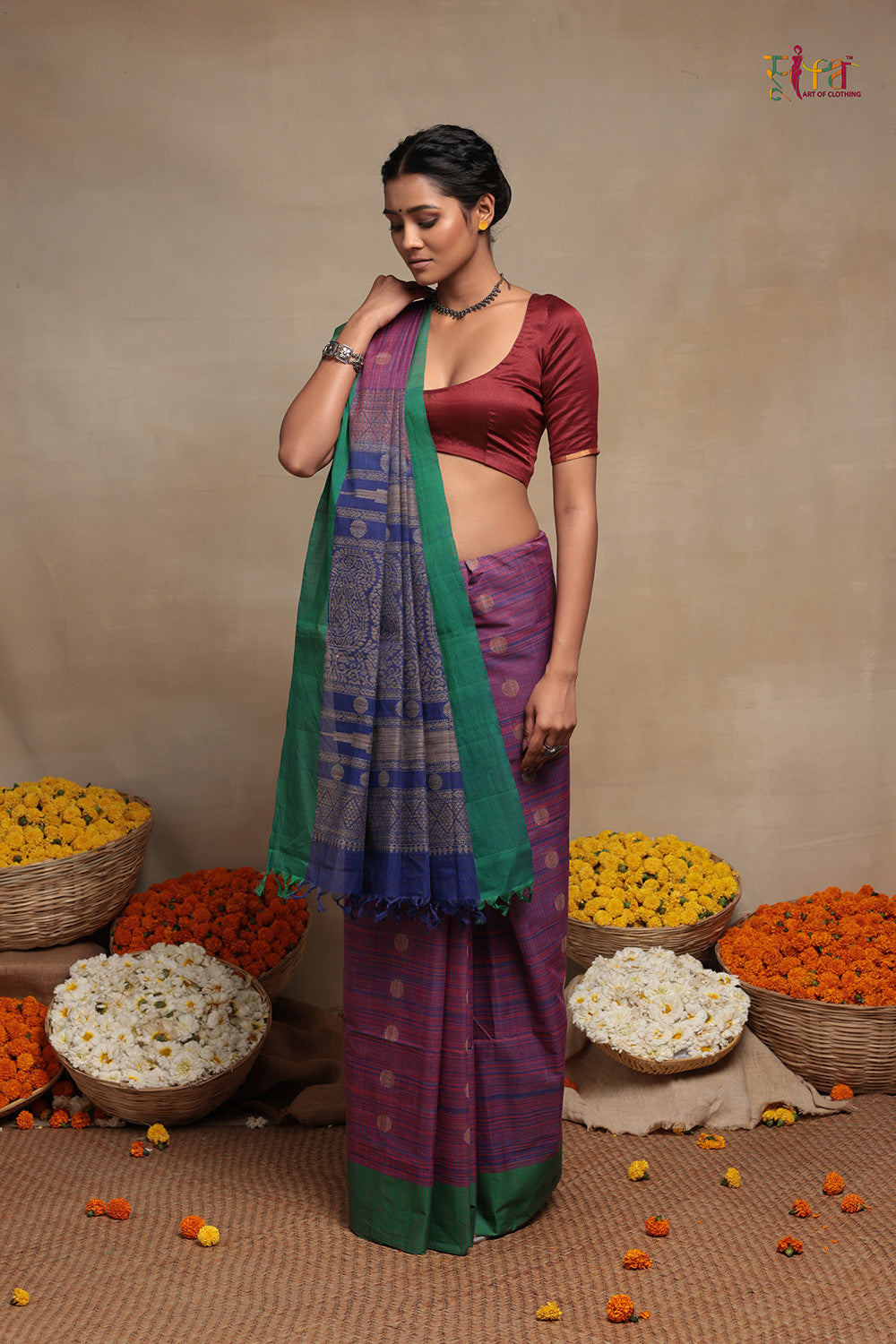Blue And Pink Pure Cotton Handloom Kanchi Saree