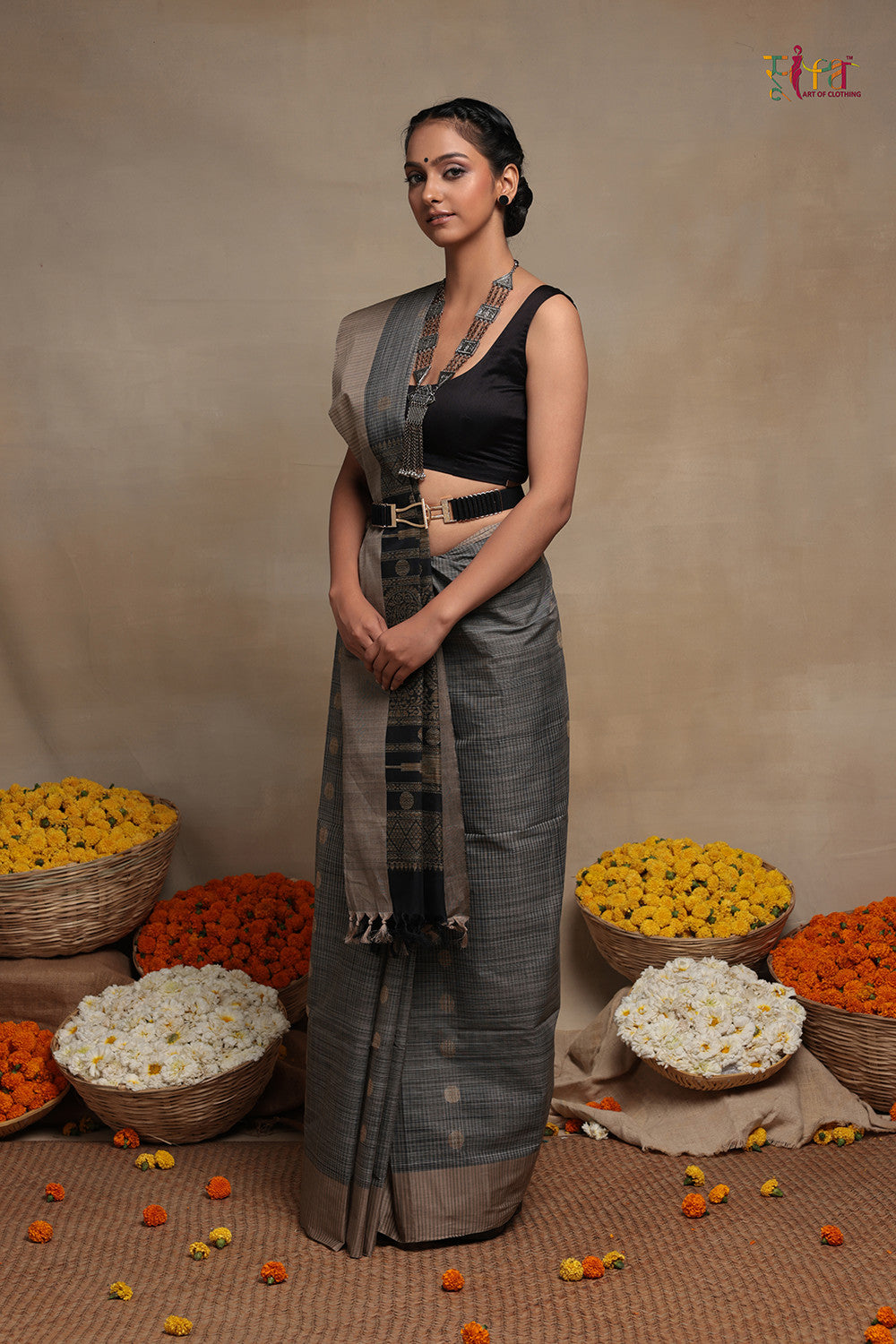 Slate Grey And Black Pure Cotton Handloom Kanchi Saree