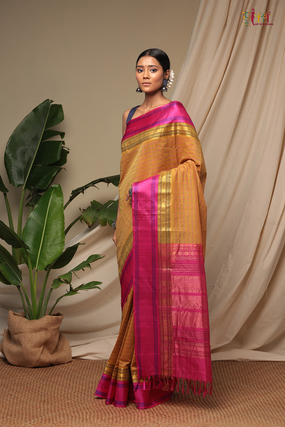 Handloom Honey Yellow Pure Cotton Kanchi Saree With Pure Silk Border And Pallu