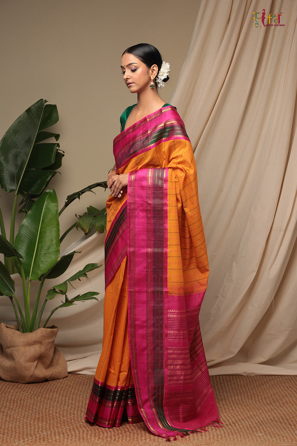 Handloom Pumpkin Orange Pure Cotton Kanchi Saree With Pure Silk Border And Pallu