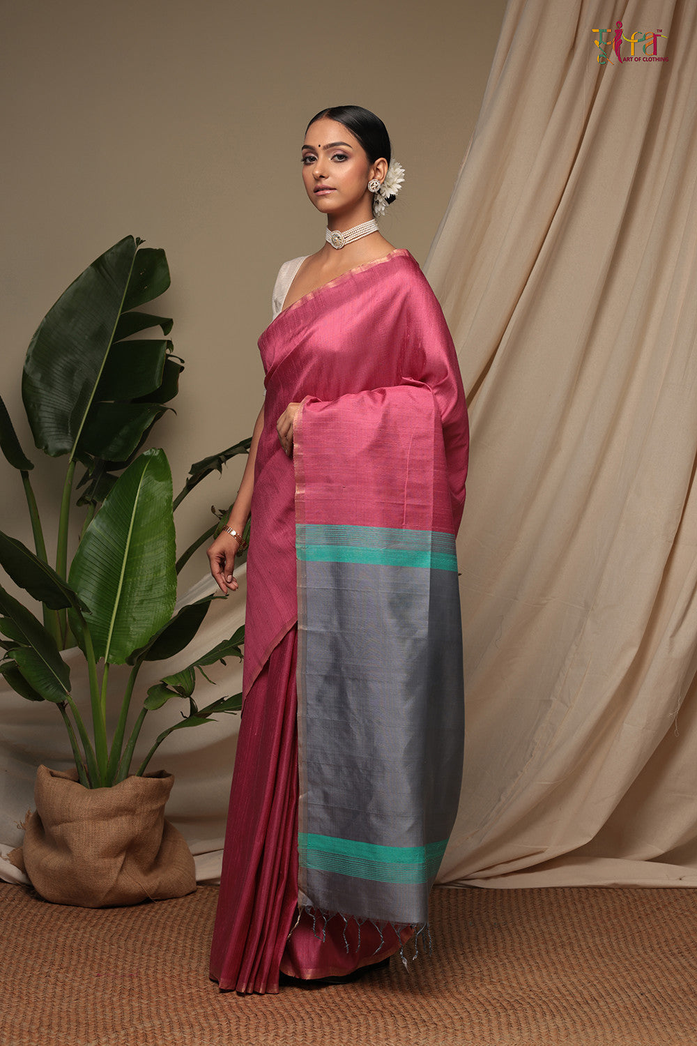 Handloom Deep Pink Pure Tussar Silk Kanchi Contemporary Saree