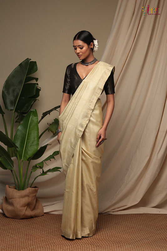 Handloom Almond White Pure Tussar Silk Kanchi Saree With Zari Border