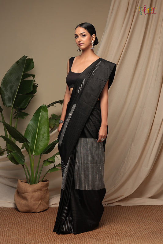 Handloom Jade Black Pure Silk Kanchi Contemporary Saree