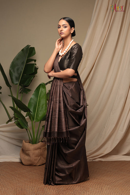 Handloom Coffee Brown Pure Silk Kanchi Contemporary Saree